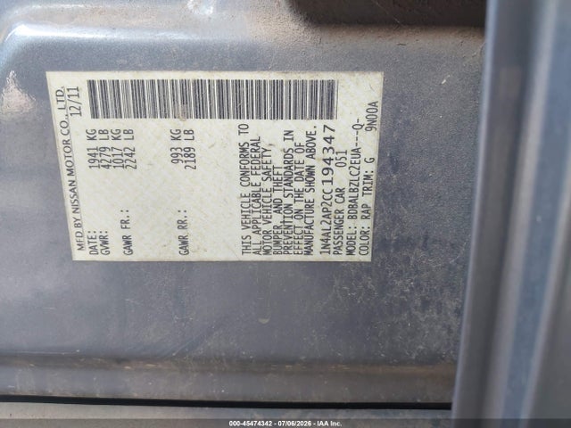 Aukcja sprzedaży 2012 Nissan Altima 2.5 S, vin: 1N4AL2AP2CC194347, numer aukcji: 45474342