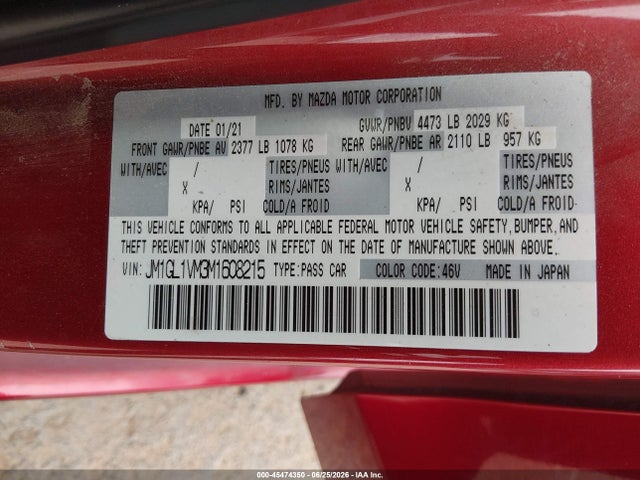 Продаж на аукціоні авто 2021 Mazda Mazda6 Touring, vin: JM1GL1VM3M1608215, номер лоту: 45474350