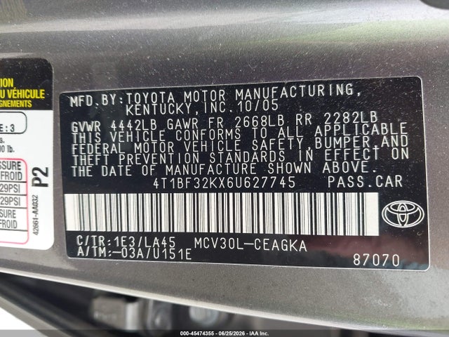 Auction sale of the 2006 Toyota Camry Xle V6, vin: 4T1BF32KX6U627745, lot number: 45474355