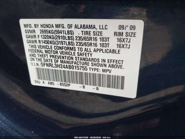 Aukcja sprzedaży 2010 Honda Odyssey Lx, vin: 5FNRL3H24AB015755, numer aukcji: 45474359
