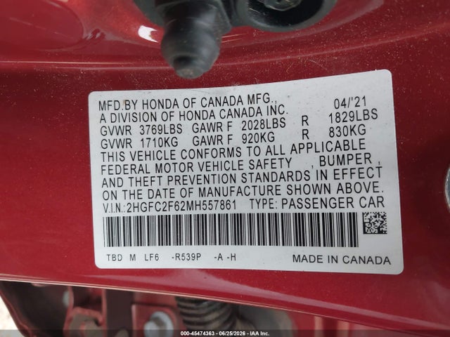 Honda Civic Lx 2021 2HGFC2F62MH557861 Image 9