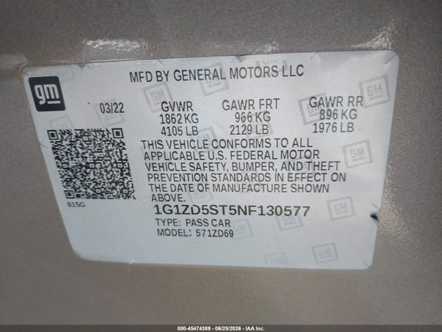45474389 :رقم المزاد ، 1G1ZD5ST5NF130577 vin ، 2022 Chevrolet Malibu Fwd Lt مزاد بيع