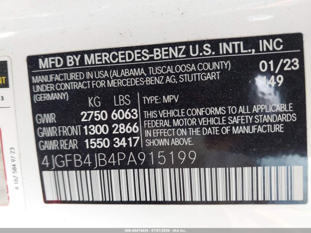 Aukcja sprzedaży 2023 Mercedes-benz Gle 350, vin: 4JGFB4JB4PA915199, numer aukcji: 45474420