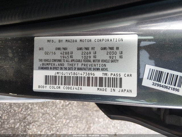 Продажа на аукционе авто 2016 Mazda Mazda6 I Touring, vin: JM1GJ1V58G1473896, номер лота: 45474435