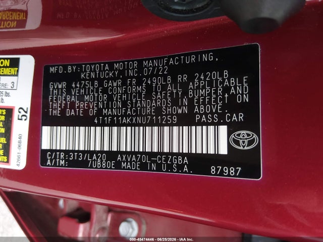 Toyota CAMRY XLE 2022 4T1F11AKXNU711259 Image 9