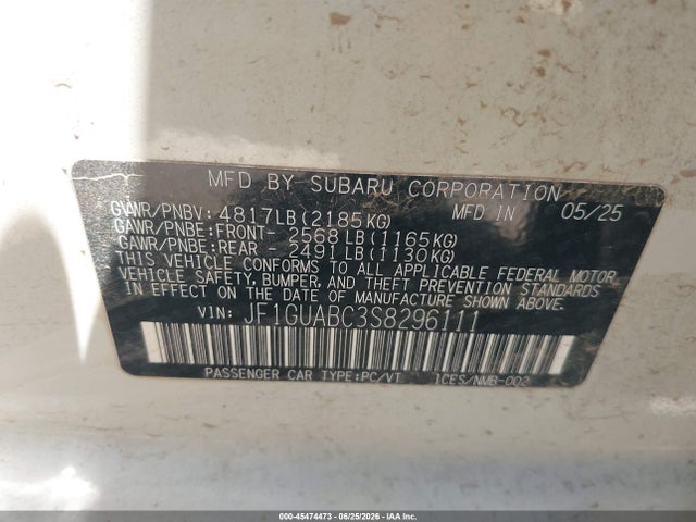 Продажа на аукционе авто 2025 Subaru Impreza Base 5-door, vin: JF1GUABC3S8296111, номер лота: 45474473