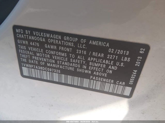 Продажа на аукционе авто 2013 Volkswagen Passat 2.5l Se, vin: 1VWBP7A36DC097325, номер лота: 45474484