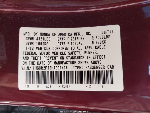 1HGCR2F58HA301415 Honda Accord Sport