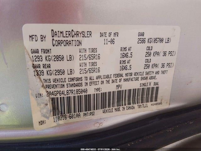 2007 Chrysler Town & Country Limited მანქანა იყიდება აუქციონზე, vin: 2A4GP64L87R185040, აუქციონის ნომერი: 45474533