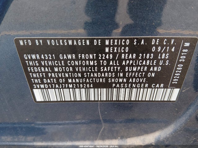 Продаж на аукціоні авто 2015 Volkswagen Jetta 1.8t Se, vin: 3VWD17AJ7FM219264, номер лоту: 45474541