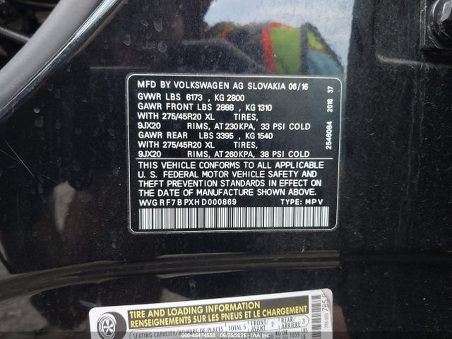 45474558 :رقم المزاد ، WVGRF7BPXHD000869 vin ، 2017 Volkswagen Touareg V6 Wolfsburg Edition مزاد بيع