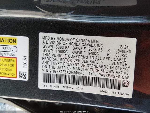2HGFE2F5XSH559646 Honda Civic Sport