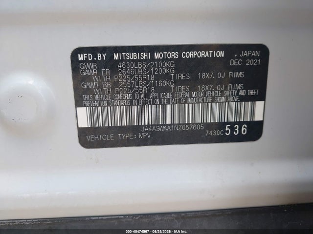 Продажа на аукционе авто 2022 Mitsubishi Eclipse Cross Se/se Special Edition/sel/sel Special Edition, vin: JA4ASWAA1NZ057605, номер лота: 45474567