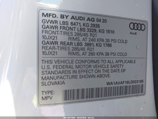 2020 Audi Q8 Premium 55 Tfsi Quattro Tiptronic მანქანა იყიდება აუქციონზე, vin: WA1AVAF19LD023165, აუქციონის ნომერი: 45474600