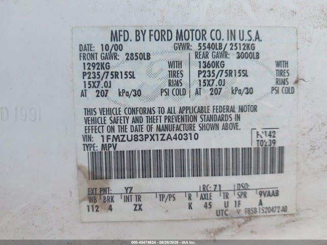 45474634 :رقم المزاد ، 1FMZU83PX1ZA40310 vin ، 2001 Ford Explorer Xlt مزاد بيع