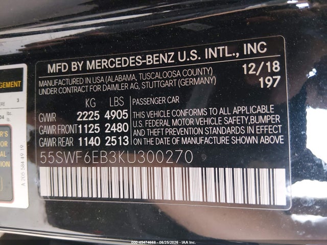 45474668 :رقم المزاد ، 55SWF6EB3KU300270 vin ، 2019 Mercedes-benz Amg C 43 4matic مزاد بيع