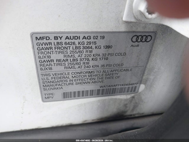 45474692 :رقم المزاد ، WA1AHAF71KD034977 vin ، 2019 Audi Q7 45 Premium/45 Se Premium مزاد بيع