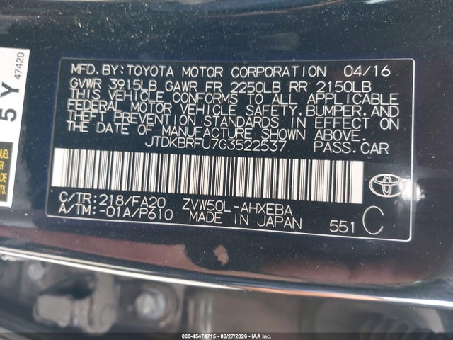 Toyota Prius Two 2016 JTDKBRFU7G3522537 Image 9