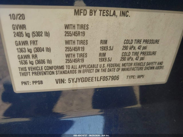 2020 Tesla Model Y Long Range Dual Motor All-wheel Drive მანქანა იყიდება აუქციონზე, vin: 5YJYGDEE1LF057906, აუქციონის ნომერი: 45474727