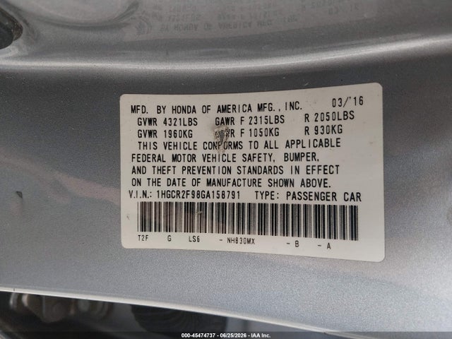 1HGCR2F98GA158791 Honda Accord Ex-l