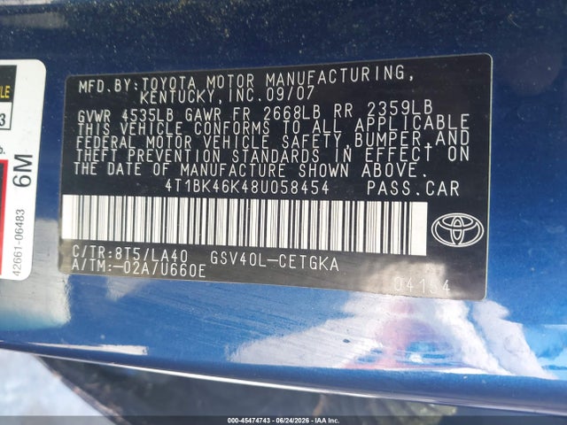 Auction sale of the 2008 Toyota Camry Xle, vin: 4T1BK46K48U058454, lot number: 45474743