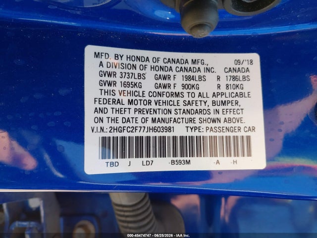 Honda CIVIC EX 2018 2HGFC2F77JH603981 Image 9
