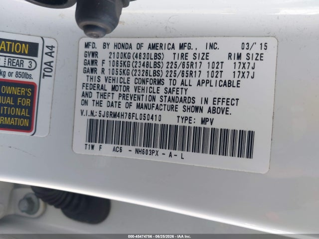 Honda Cr-v Ex-l 2015 5J6RM4H76FL050410 Image 9