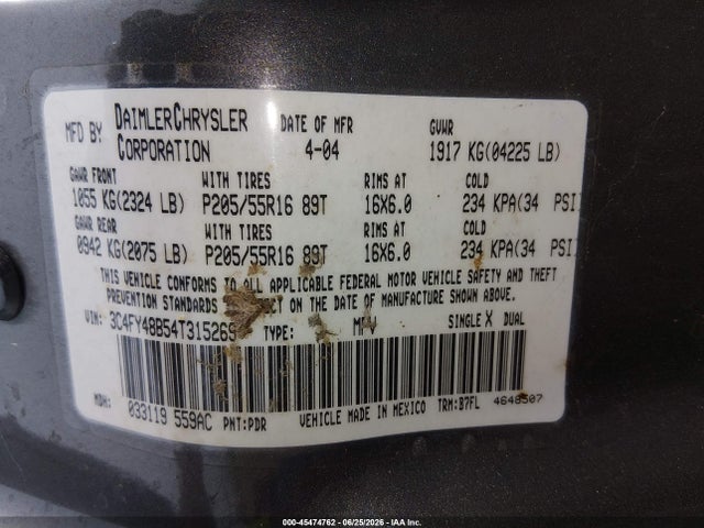 2004 Chrysler Pt Cruiser მანქანა იყიდება აუქციონზე, vin: 3C4FY48B54T315269, აუქციონის ნომერი: 45474762