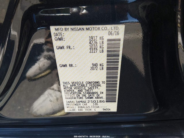 1N4AL3AP6GC250186 Nissan Altima 2.5/2.5 S/2.5 Sl/2.5 Sr/2.5 Sv