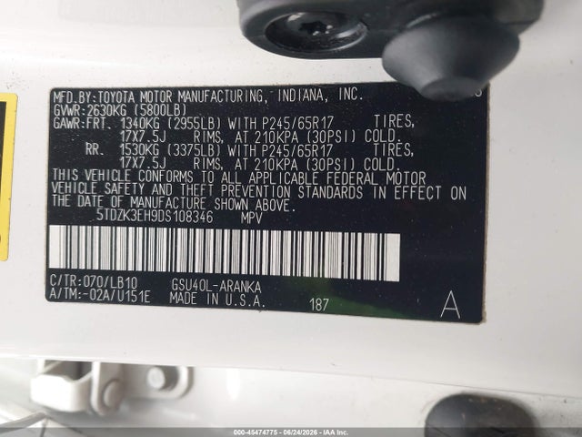 2013 Toyota Highlander Se V6 მანქანა იყიდება აუქციონზე, vin: 5TDZK3EH9DS108346, აუქციონის ნომერი: 45474775