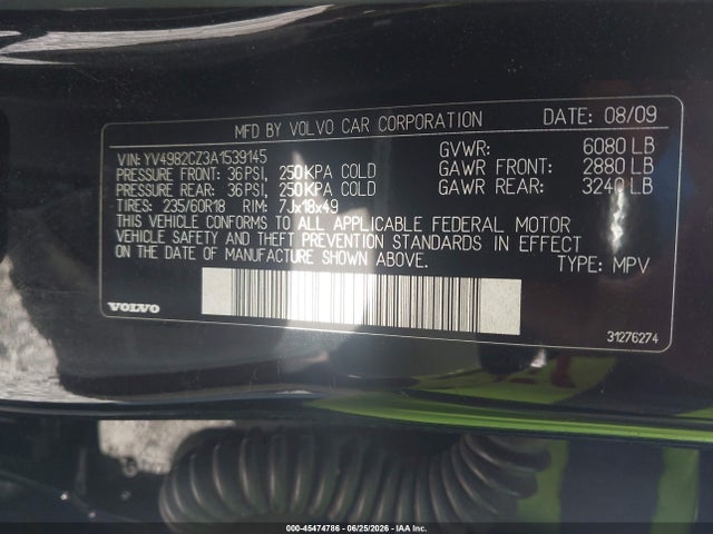 45474786 :رقم المزاد ، YV4982CZ3A1539145 vin ، 2010 Volvo Xc90 3.2 مزاد بيع