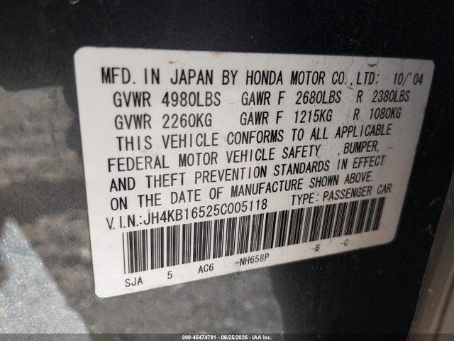 Aukcja sprzedaży 2005 Acura Rl 3.5, vin: JH4KB16525C005118, numer aukcji: 45474791