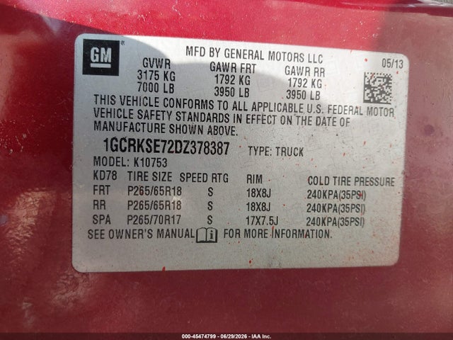 Aukcja sprzedaży 2013 Chevrolet Silverado 1500 Lt, vin: 1GCRKSE72DZ378387, numer aukcji: 45474799