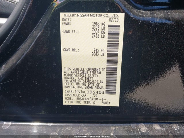 1N4BL4EV3KC195403 Nissan Altima 2.5 Sl