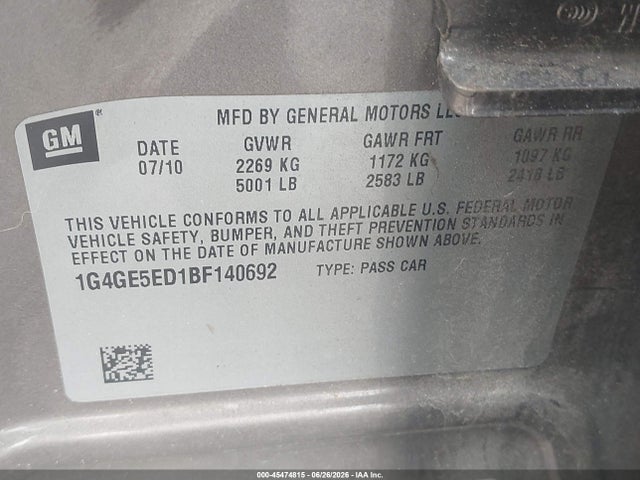 Продаж на аукціоні авто 2011 Buick Lacrosse Cxs, vin: 1G4GE5ED1BF140692, номер лоту: 45474815