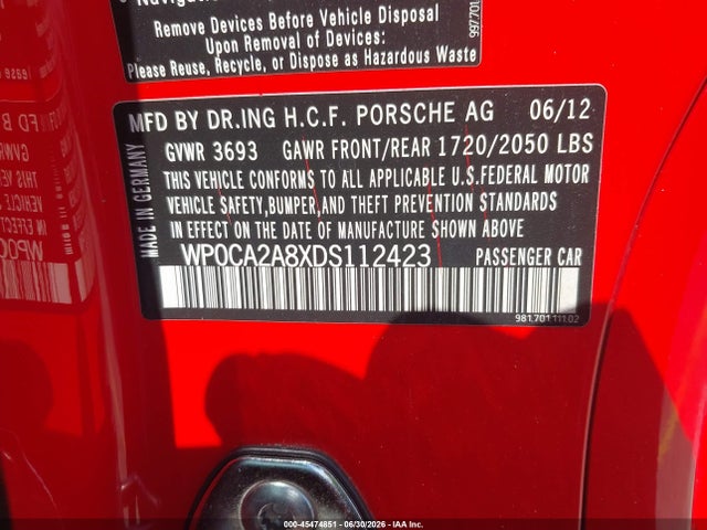Aukcja sprzedaży 2013 Porsche Boxster, vin: WP0CA2A8XDS112423, numer aukcji: 45474851