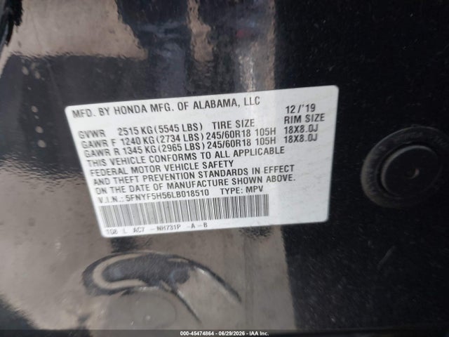 Honda Pilot 2wd Ex-l 2020 5FNYF5H56LB018510 Image 9