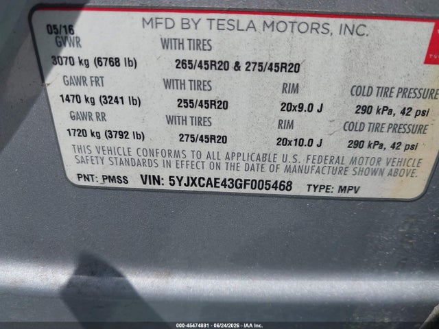 Продажа на аукционе авто 2016 Tesla Model X 60d/p100d/p90d, vin: 5YJXCAE43GF005468, номер лота: 45474881