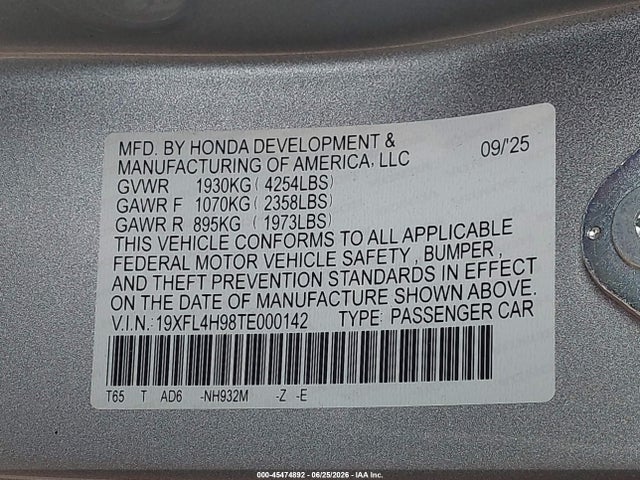 19XFL4H98TE000142 Honda Civic Hybrid Sport Touring