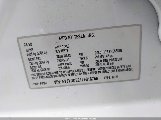 Продажа на аукционе авто 2020 Tesla Model Y Long Range Dual Motor All-wheel Drive, vin: 5YJYGDEE1LF016756, номер лота: 45474893