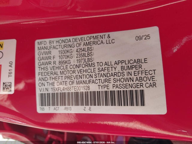 2026 Honda Civic Hybrid Sport მანქანა იყიდება აუქციონზე, vin: 19XFL4H88TE001928, აუქციონის ნომერი: 45474894