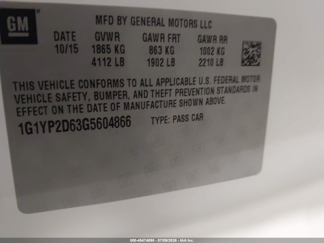 Продажа на аукционе авто 2016 Chevrolet Corvette Z06, vin: 1G1YP2D63G5604866, номер лота: 45474898