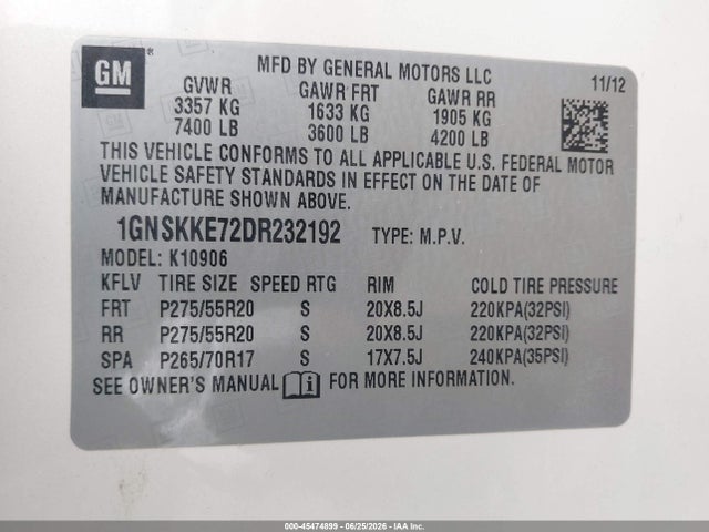 Продажа на аукционе авто 2013 Chevrolet Suburban Ltz, vin: 1GNSKKE72DR232192, номер лота: 45474899