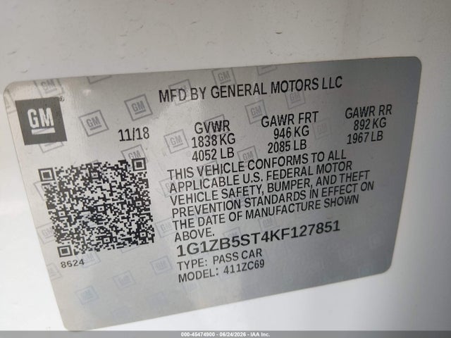 Aukcja sprzedaży 2019 Chevrolet Malibu 1ls, vin: 1G1ZB5ST4KF127851, numer aukcji: 45474900
