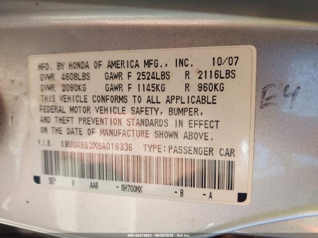 45474903 :رقم المزاد ، 19UUA662X8A016336 vin ، 2008 Acura Tl 3.2 مزاد بيع