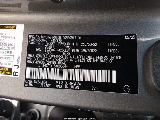 45474915 :رقم المزاد ، JTJMD7CX1S4005644 vin ، 2025 Lexus Lx 700h F Sport مزاد بيع