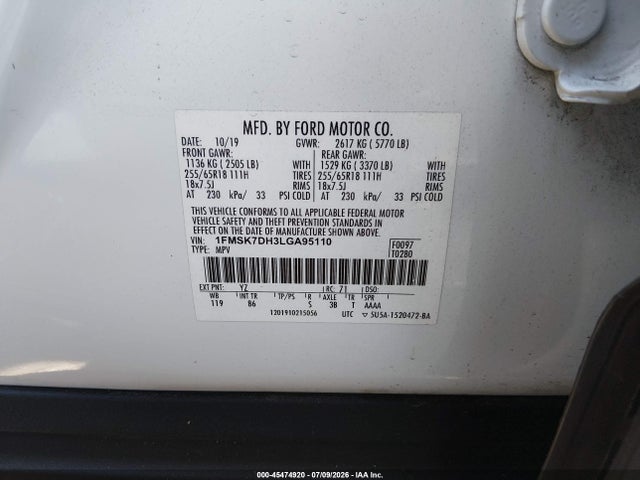 Ford EXPLORER XLT 2020 1FMSK7DH3LGA95110 Image 9
