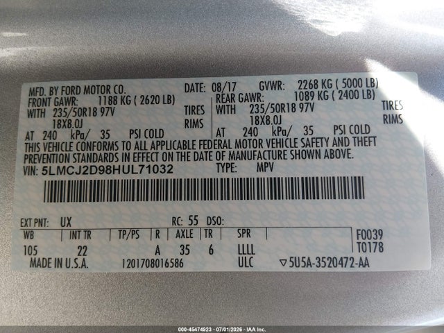 2017 Lincoln Mkc Select მანქანა იყიდება აუქციონზე, vin: 5LMCJ2D98HUL71032, აუქციონის ნომერი: 45474923
