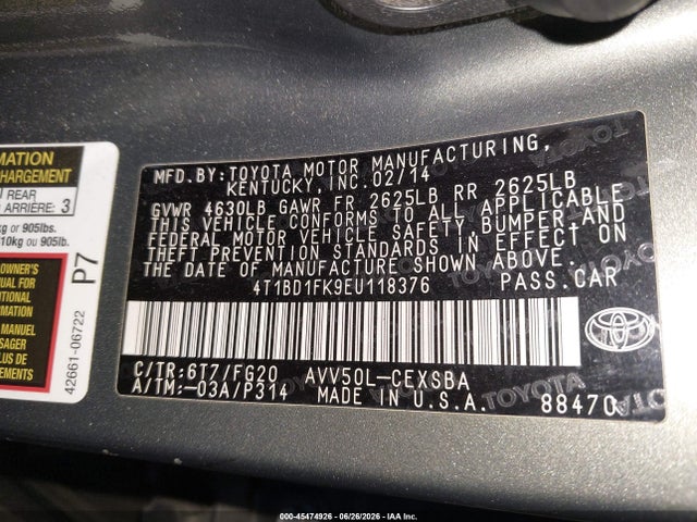 4T1BD1FK9EU118376 Toyota Camry Hybrid Se Limited Edition