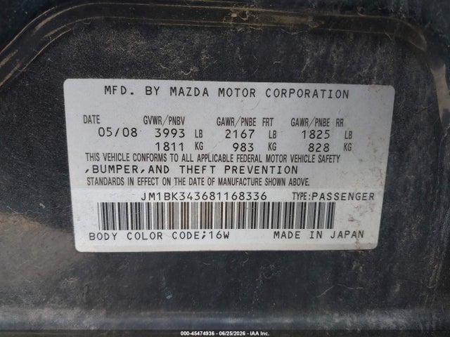 Aukcja sprzedaży 2008 Mazda Mazda3 S Sport, vin: JM1BK343681168336, numer aukcji: 45474936